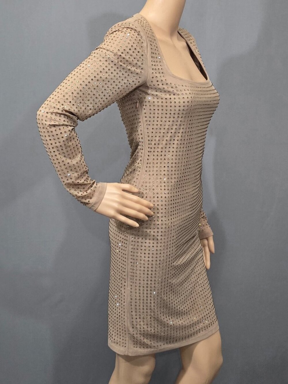 Guess Rhinestone Bodycon Mini Dress Beige Long Sleeve Party Club XS NWT
